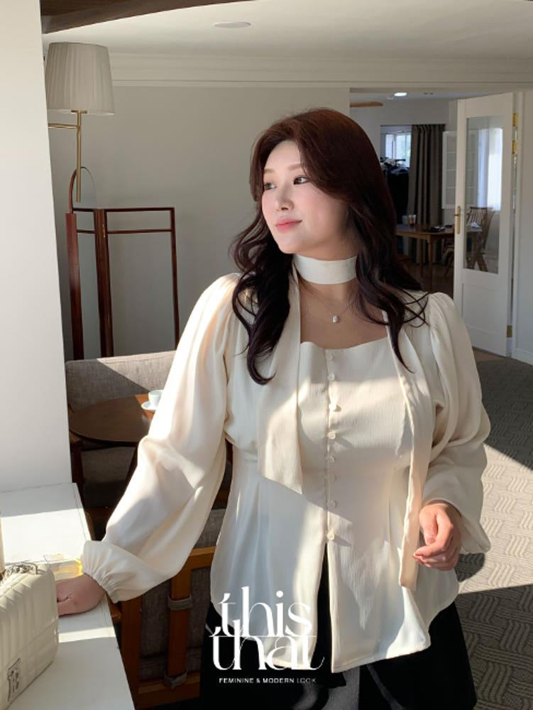 (빅사이즈) 샬롱 타이 블라우스
