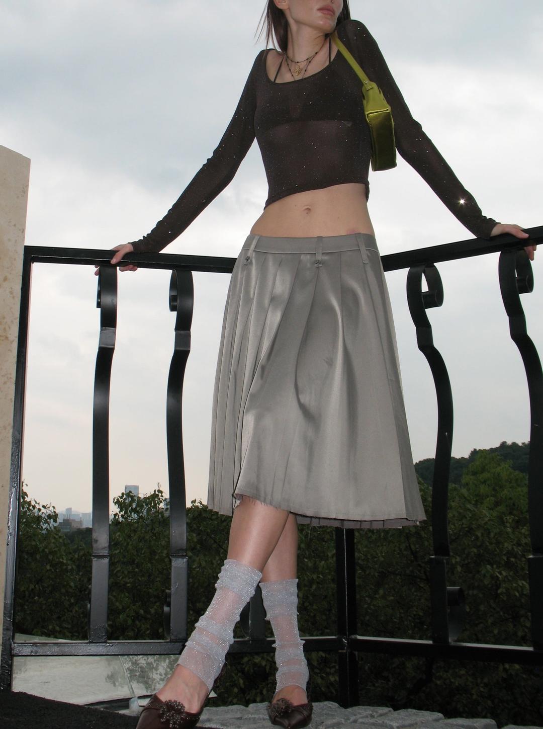 Gray Pleated Midi Skirt