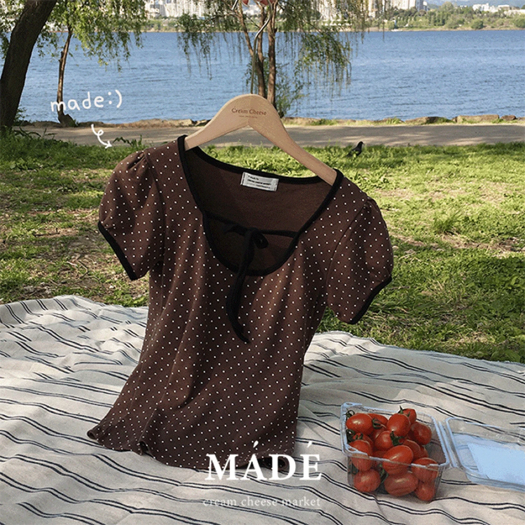 자체제작 #크치Made 톡톡 도트 퍼프 리본 반팔 티셔츠 - t