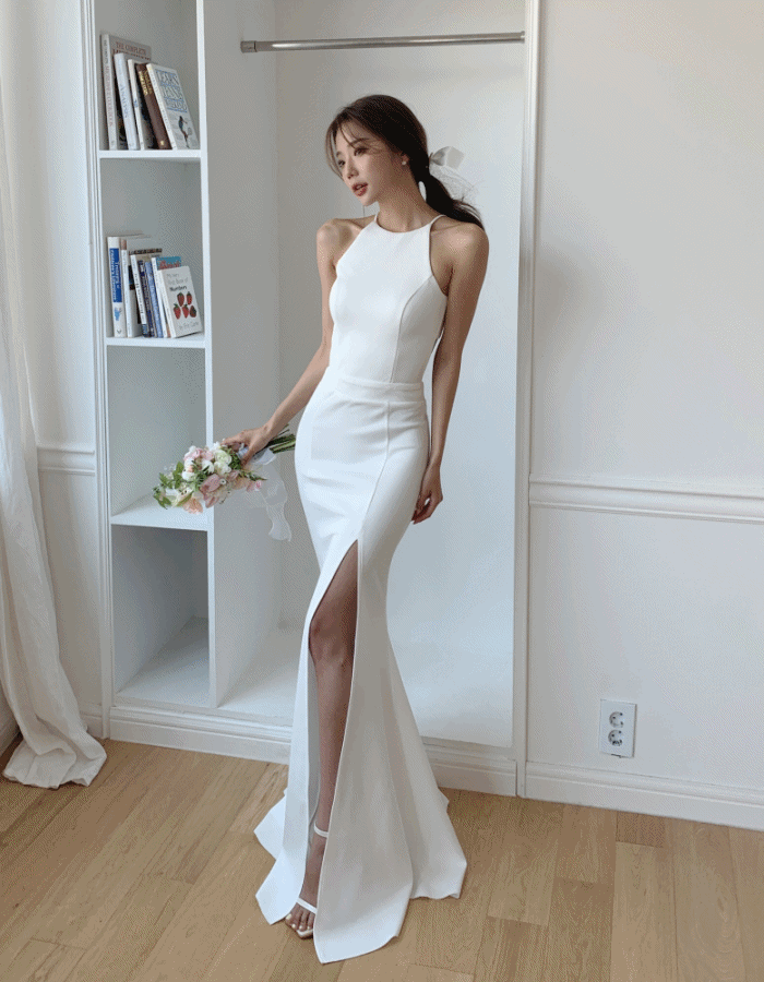 루나 홀터넥 화이트 셀프웨딩 드레스, 브라이덜샤워 트임 롱 피로연 2부 스냅 촬영 원피스