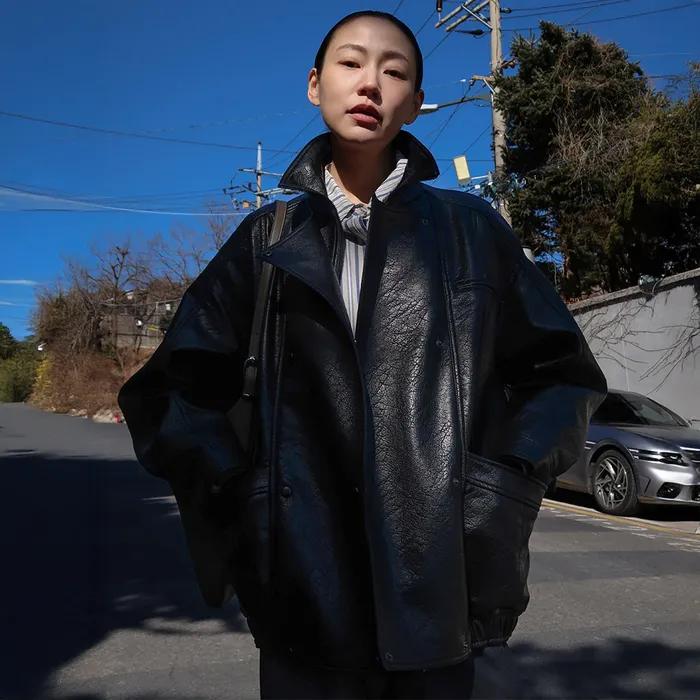 Double Snap Button Faux Leather Jumper M105-10