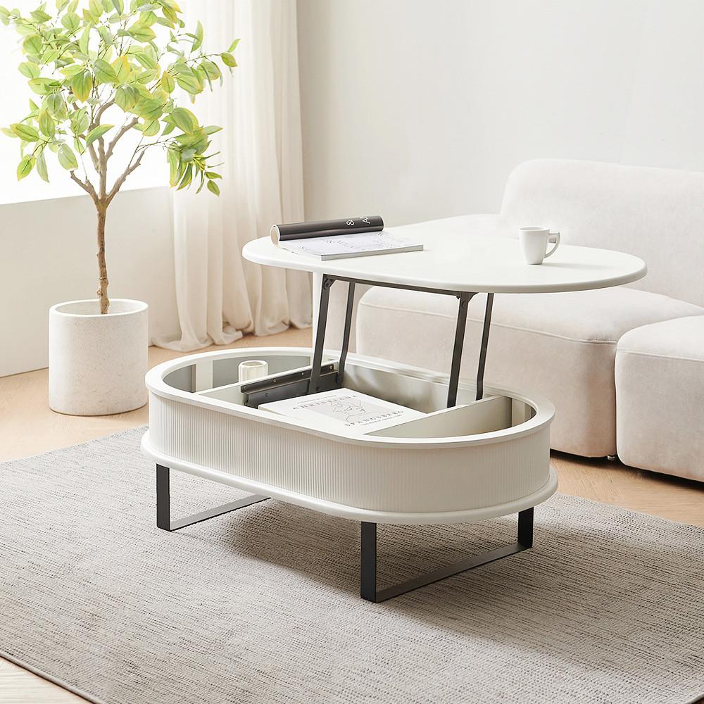 [국내제작] 이홈데코 셀리나 1200 타원형 템바보드 리프트업 거실 소파 테이블 거실장 수납장