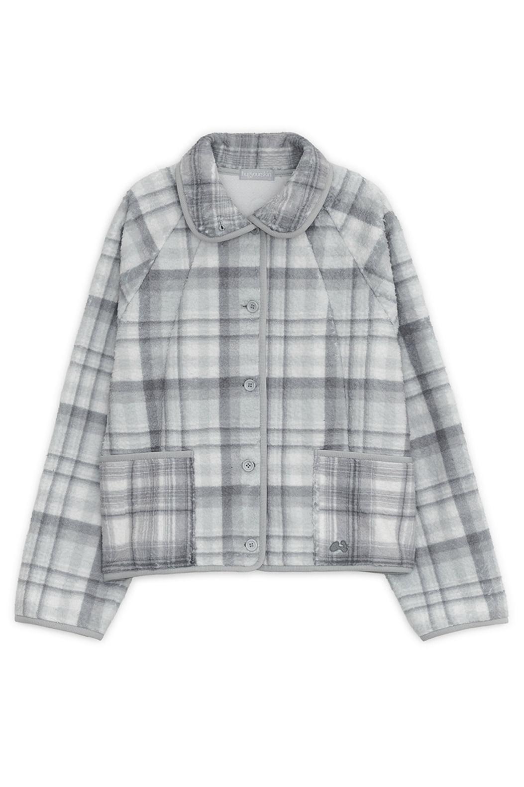 Round collar check fleece jacket (Mint gray)