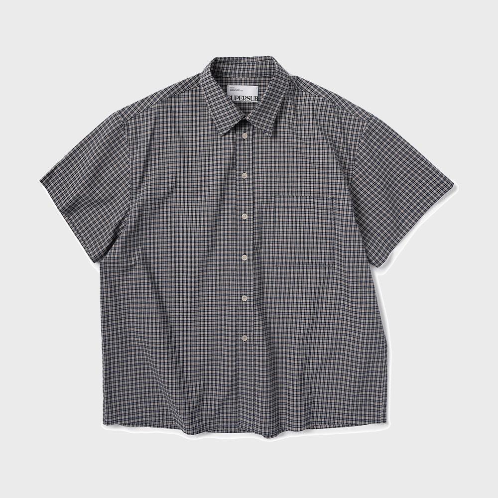 UNISEX 크롭 체크 반팔 셔츠-네이비