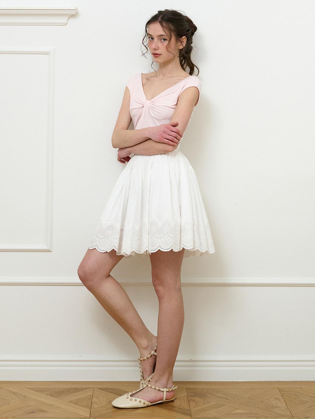 Eyelet lace shirring skirt_White