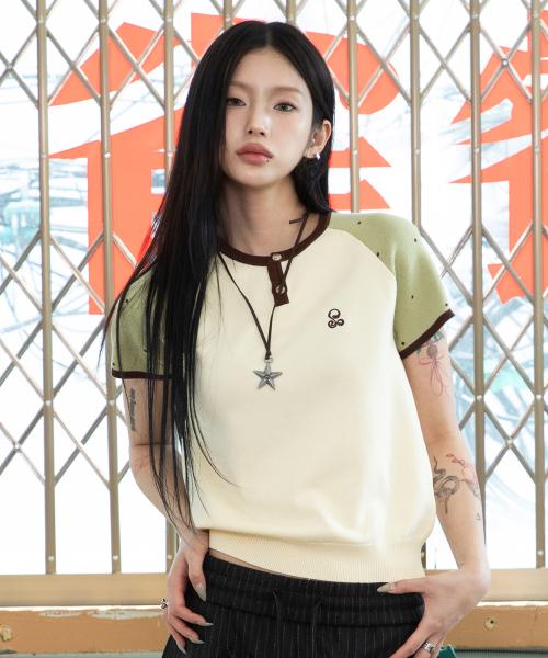 WXK019 도트 래글런 배색 반팔 니트 (IVORY)