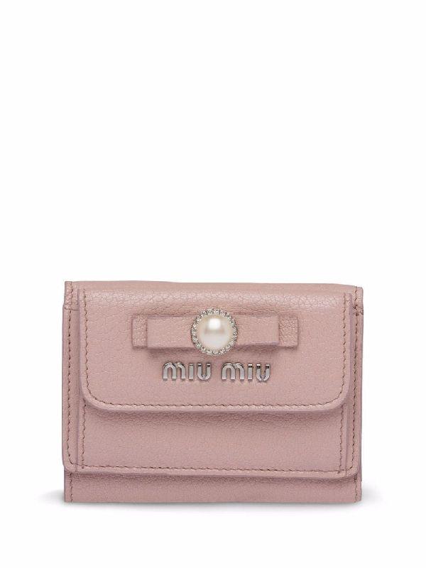 펄 보우 장식 마드라스 레더 지갑