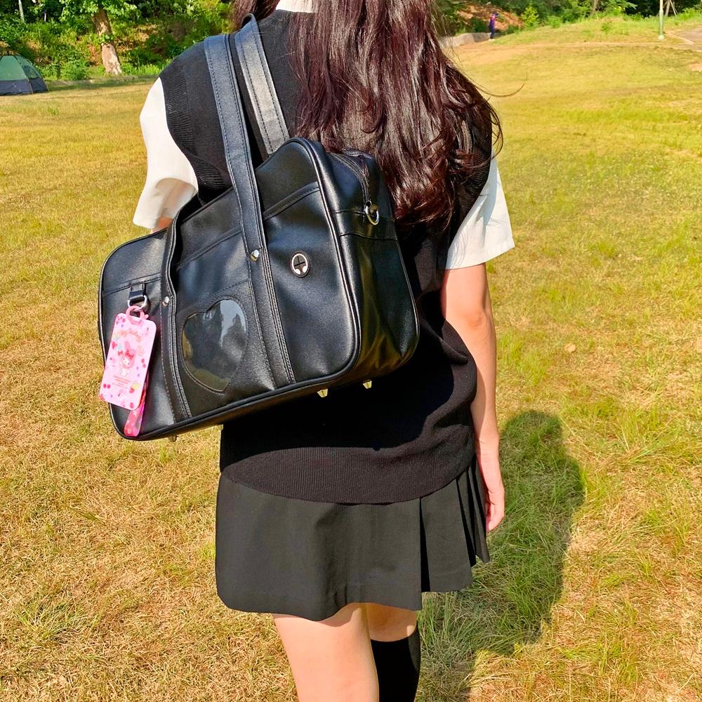 가죽 하트 라지 블랙 숄더백 일본스쿨백 일본학생가방 JK 이타백 하이틴 투명가방 데코