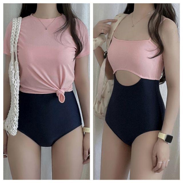 [크롭탑/모노키니] 샌드 배색 수영복 비치웨어 세트_룸톡