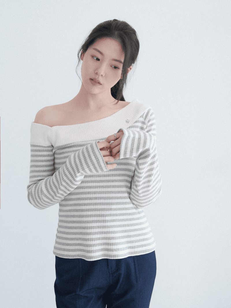 [NouArté] 이네 스트라이프 원숄더 탑 (그레이)