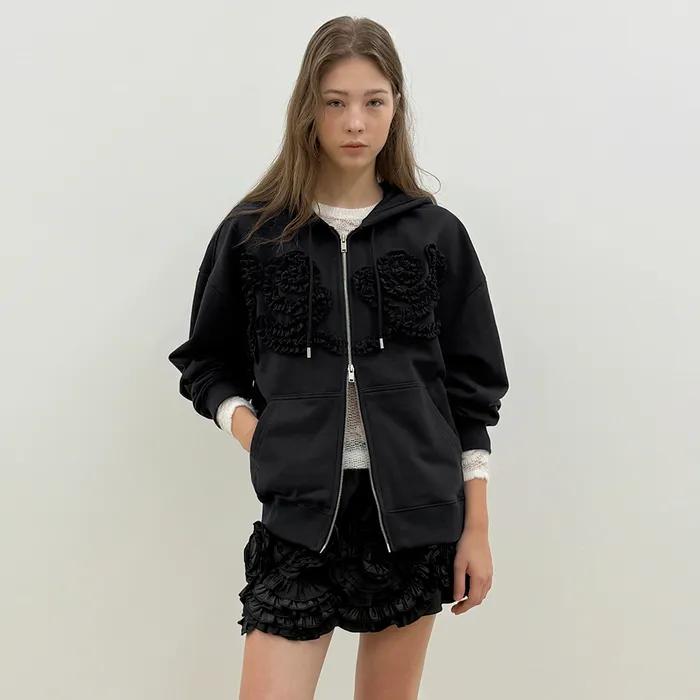 [2차 리오더] Rose Frill Oversized-Fit Hooded Zip-Up (Black)