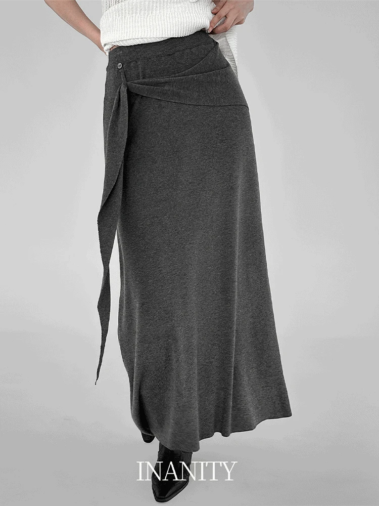 당일출고🚀[촤르르핏] 타이 랩 버튼 니트 맥시 롱스커트 3color