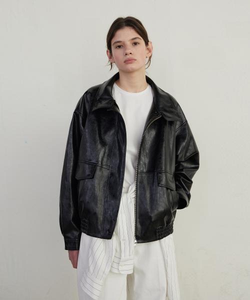 HIGH NECK LEATHER BLOUSON JUMPER - BLACK