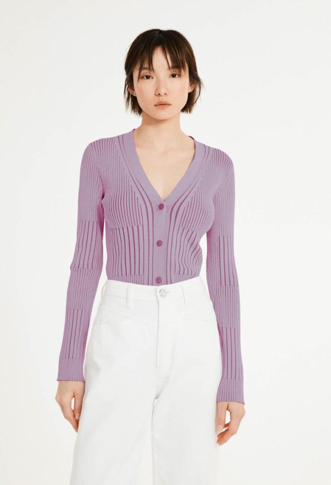 끌로디피에로 22SS 투톤 라일락과 퍼플 V넥 니트 가디건