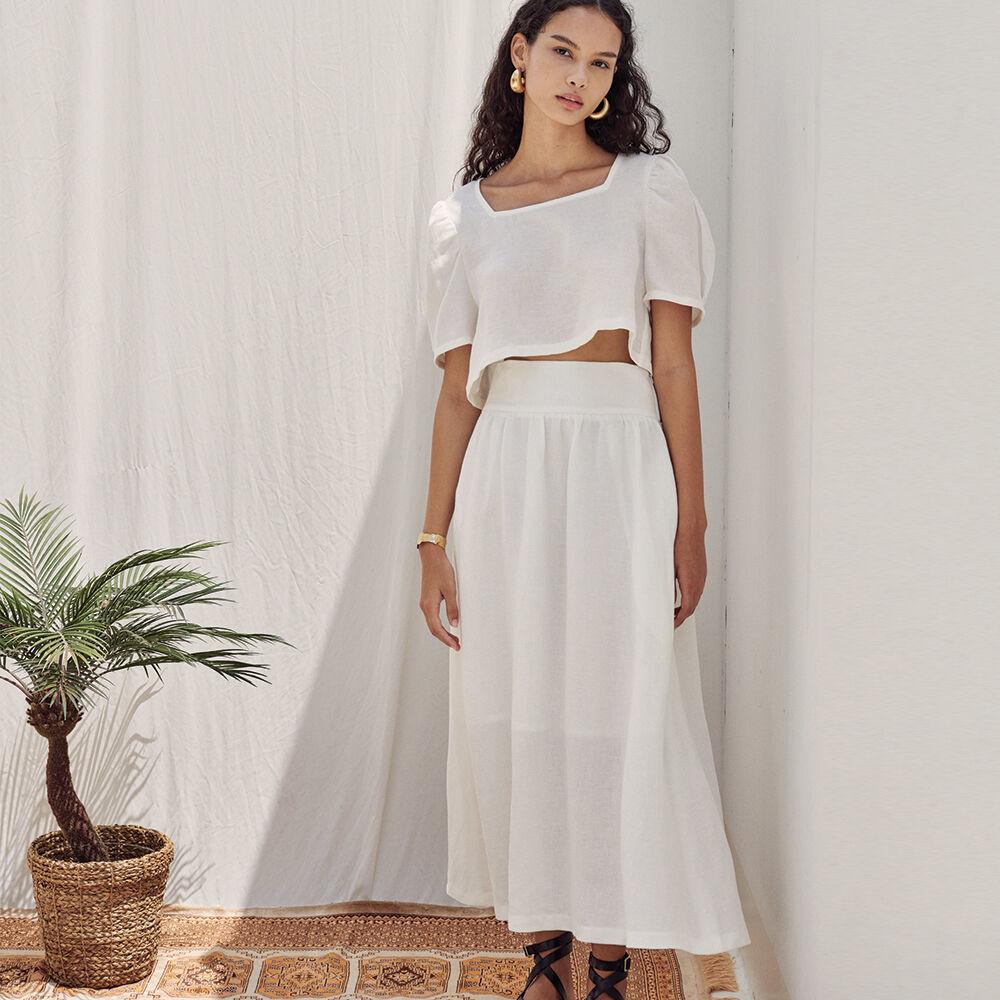 [나루강]Linen Cotton Cropped Top + Wide Waist Skirts set-up