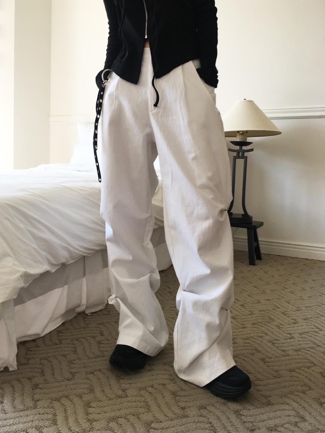 노비야카 Snap pintuck cotton pants (Ivory, black)