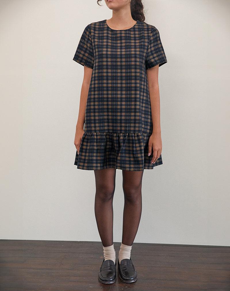 Asterin Mini Smock Dress in Navy Mustard Check - XS