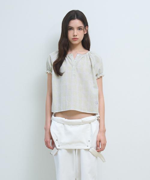 checked puff sleeve blouse_lime green