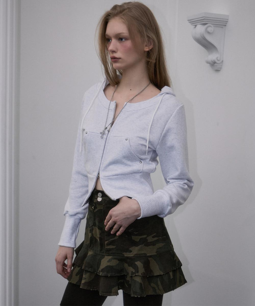 Rivet Round Crop Hood Zip-up [White Melange]