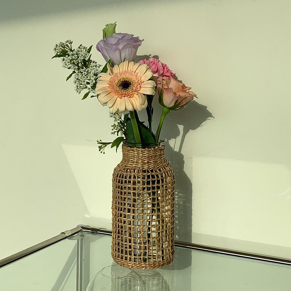 진심디자인 라탄 글라스 화병 발리 인테리어 소품 오브제 꽃병 2size
