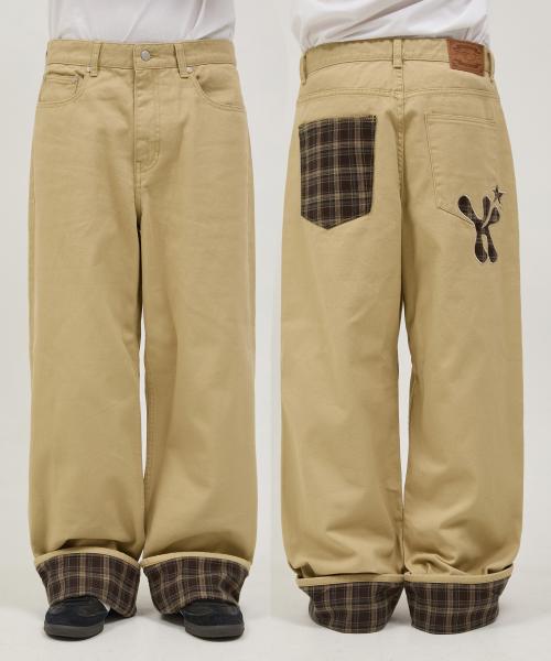 체크 아플리케 롤업 코튼 팬츠 베이지