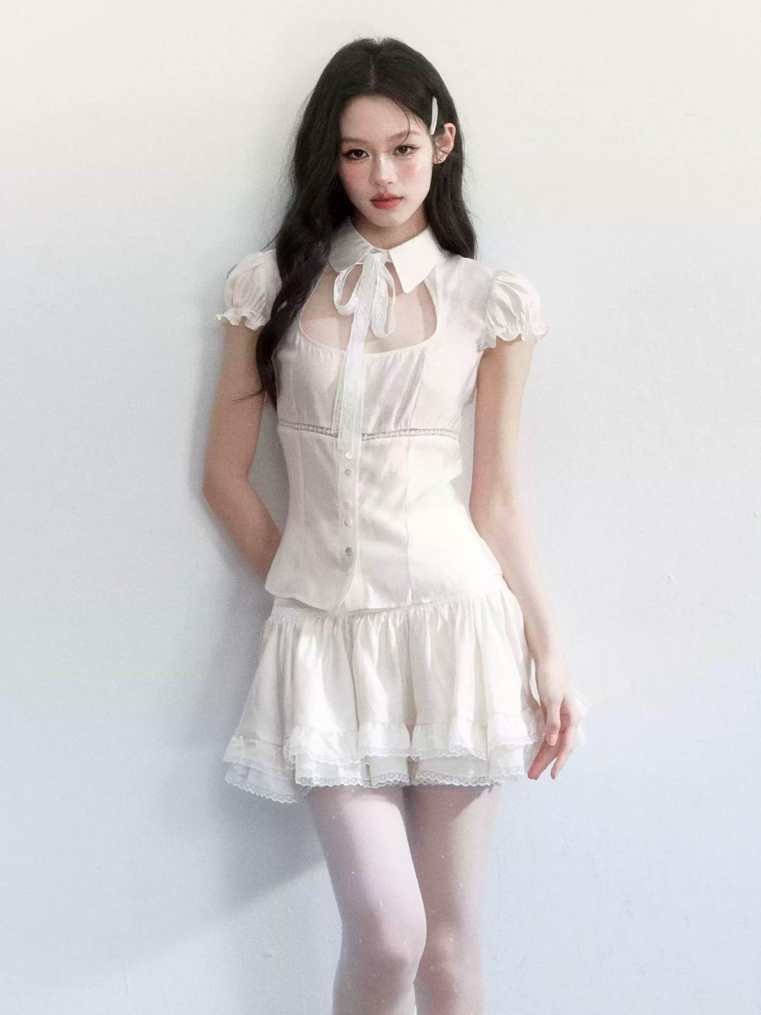 [FRAGILE HEART] Ribbon Tie Puff Short Sleeve + Frill Skirt Set
