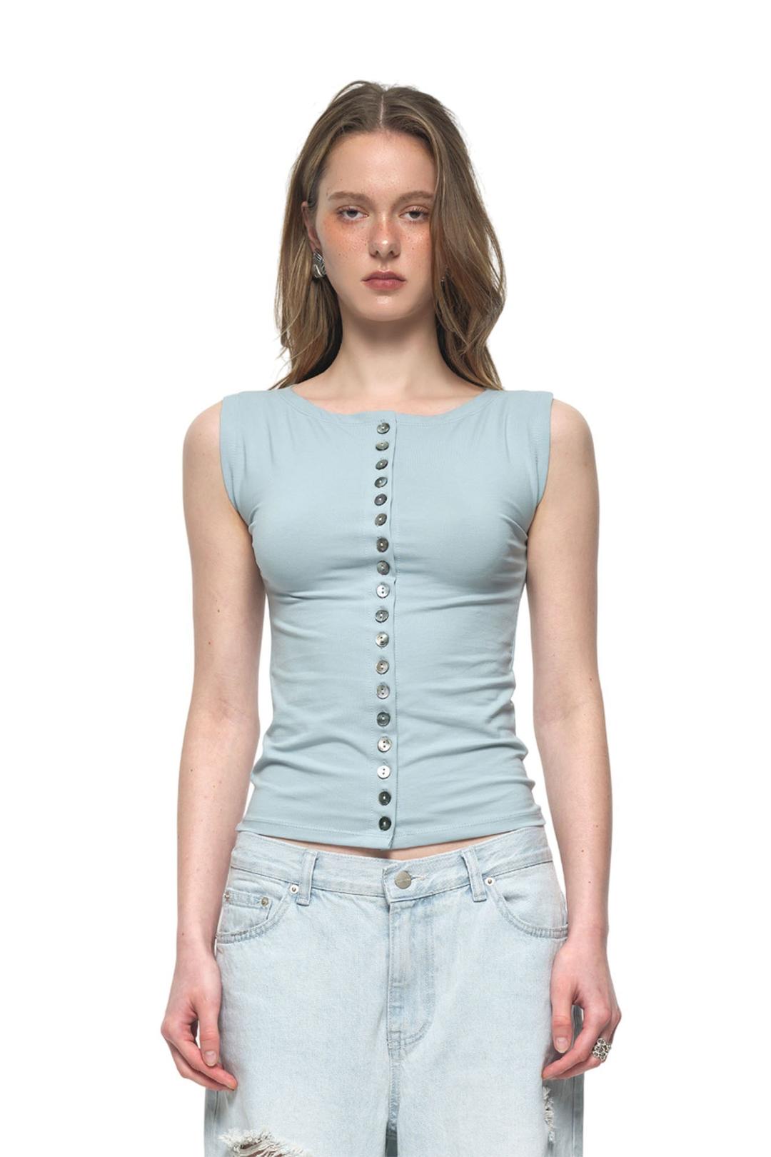 MOTHER OF PEARL BUTTON SLEEVELESS TOP (LIGHT BLUE)