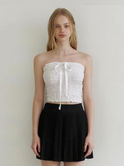 ribbon ckeck tube top blouse - white