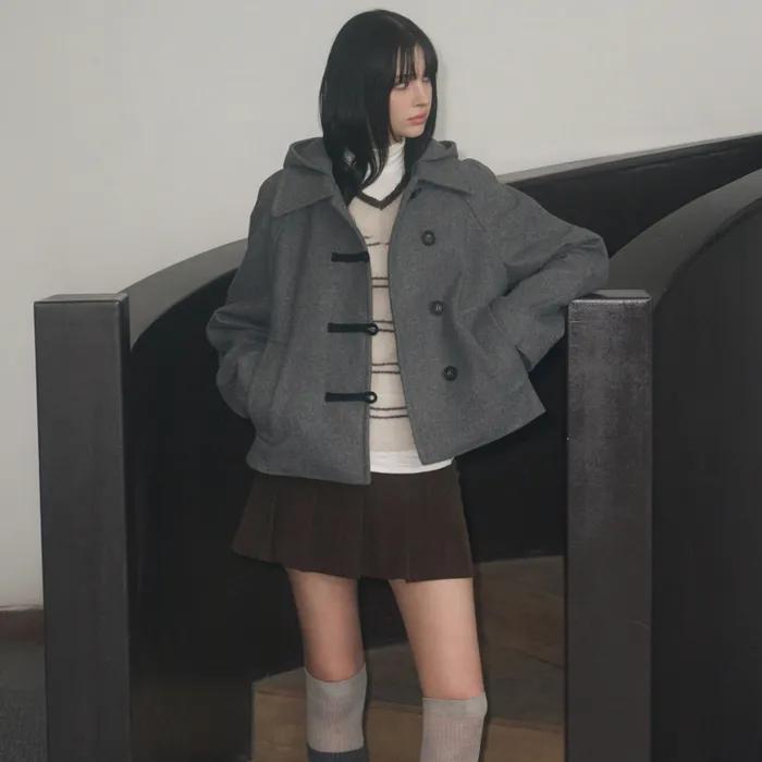 [1월 5일 예약배송] 캐시미어 멜톤 더플 후디 숏 코트 [GREY]