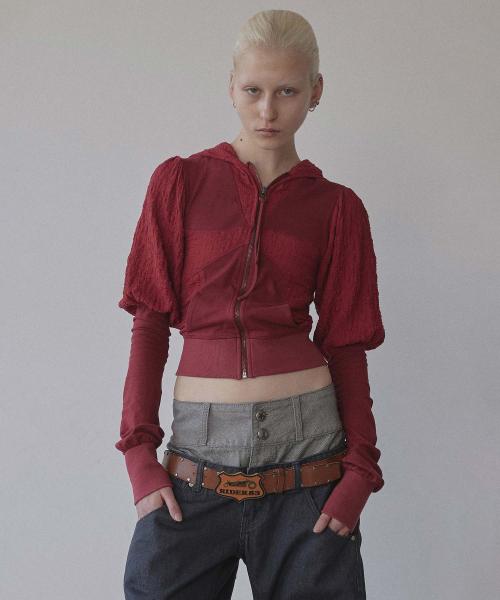 Puff Sleeve Zip-Up Hoodie Red