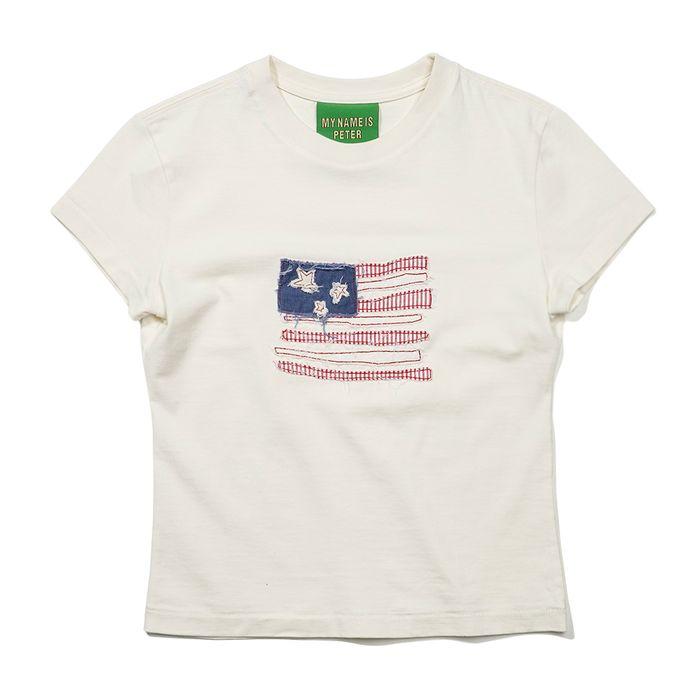 (W) USA FLAG APPLIQUE T-SHIRTS - WHITE