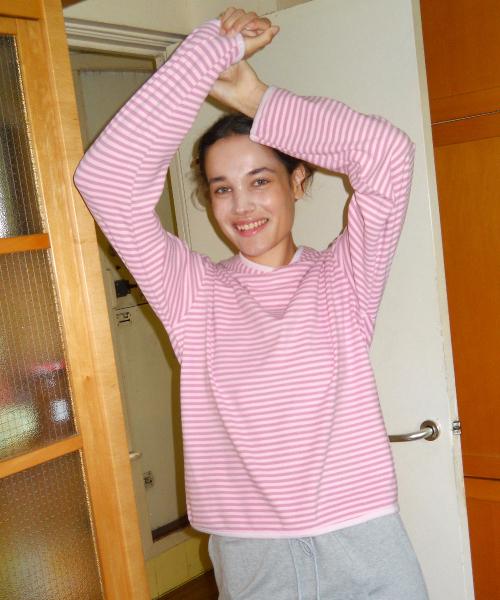 어텀 스트라이프 후디드 탑 로즈