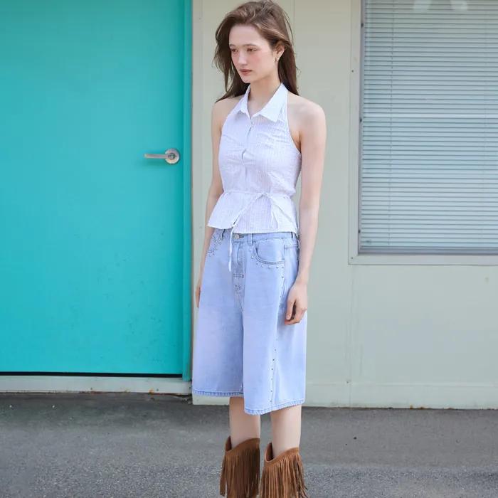 SEERSUCKER STRIPE HALTER NECK TOP WHITE