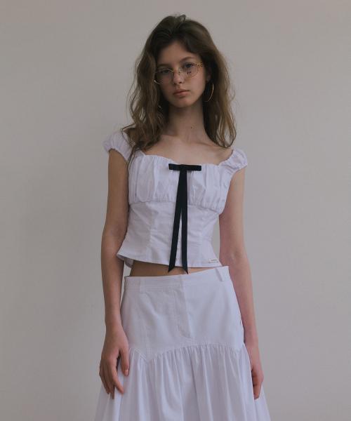 RIBBON HEART NECK VOLUME BLOUSE_WHITE