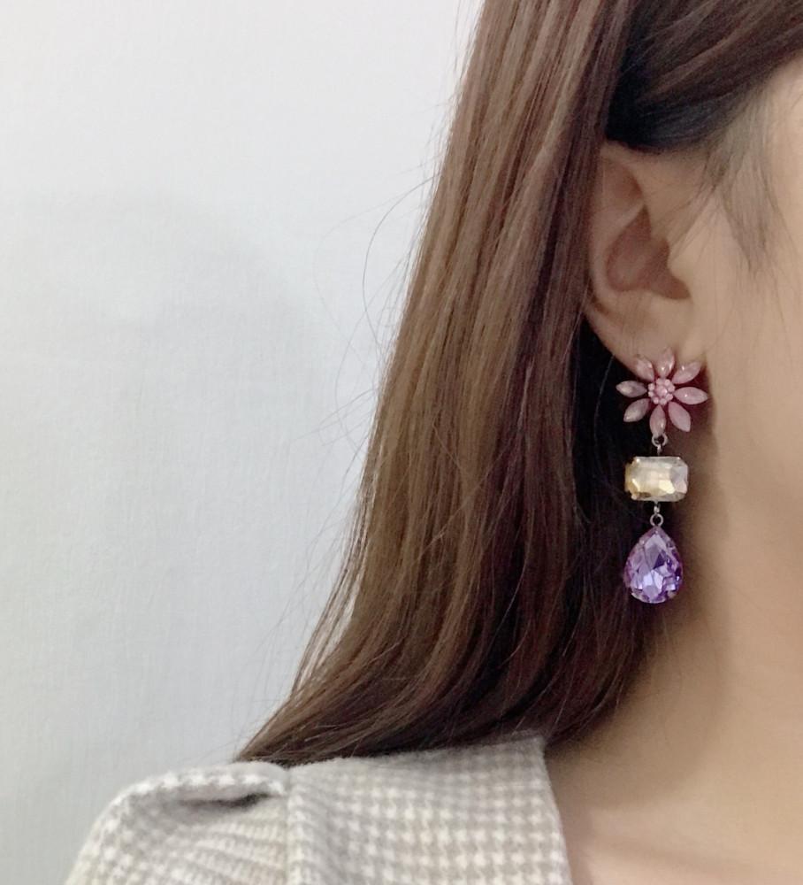 바이올렛 빅 플라워 3단 드롭귀걸이 (은침)