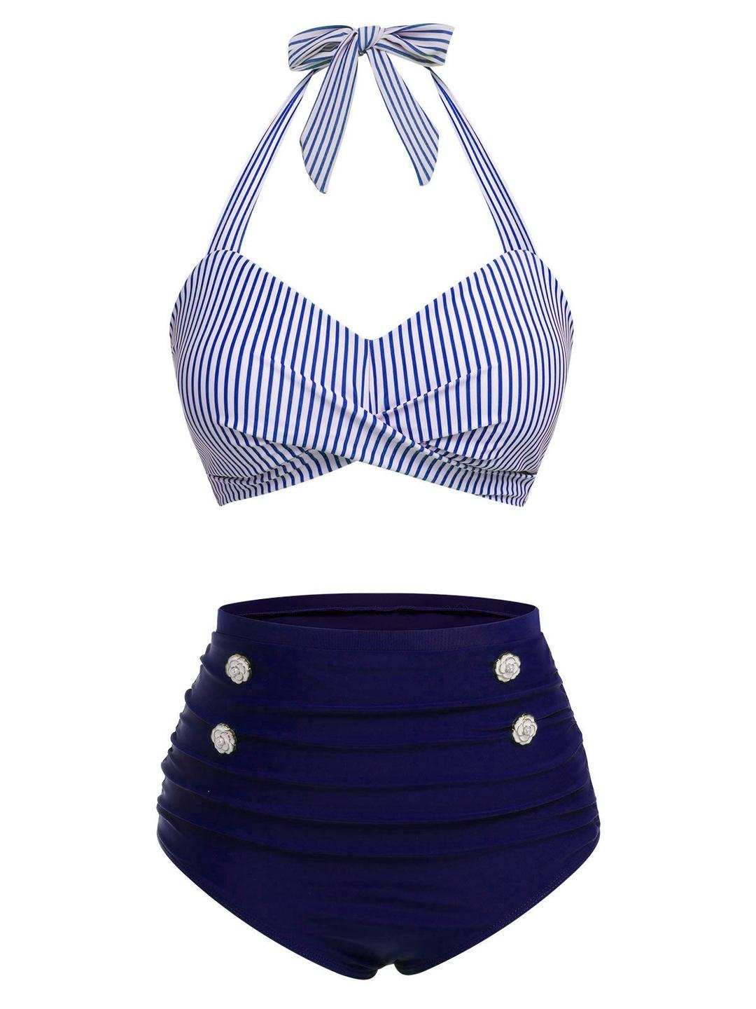 Blue 1940s Striped Halter Swimsuit Set - Blue / S / 2