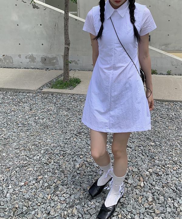 우로 나일론 백리본 미니 원피스 (2color)