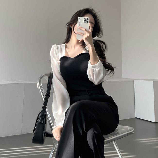 가나다란 [타이SET🖤] 가나다란 체드 하트넥 타이 세트 투톤 배색 레이어드 스판 시스루 블라우스 4color