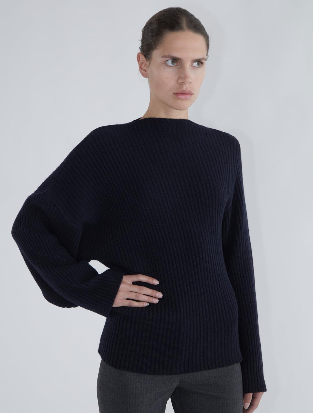 FIONA-Navy ribbed knit sweater with asymmetric shoulders