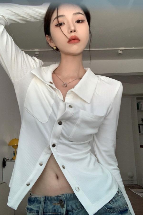 디나 폴로 카라 똑딱이 단추 긴소매 롱슬리브 슬리밍 탑