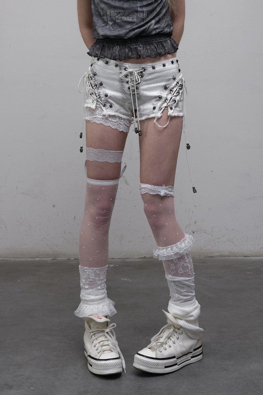 Distressed Lace-Up Shorts - White / S