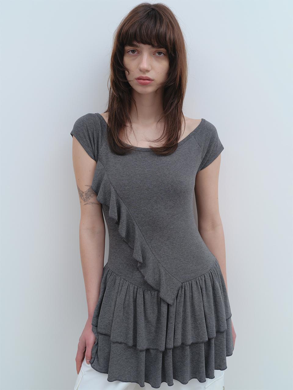 Ruffle Short Sleeve Dress [Charcoal Gray]