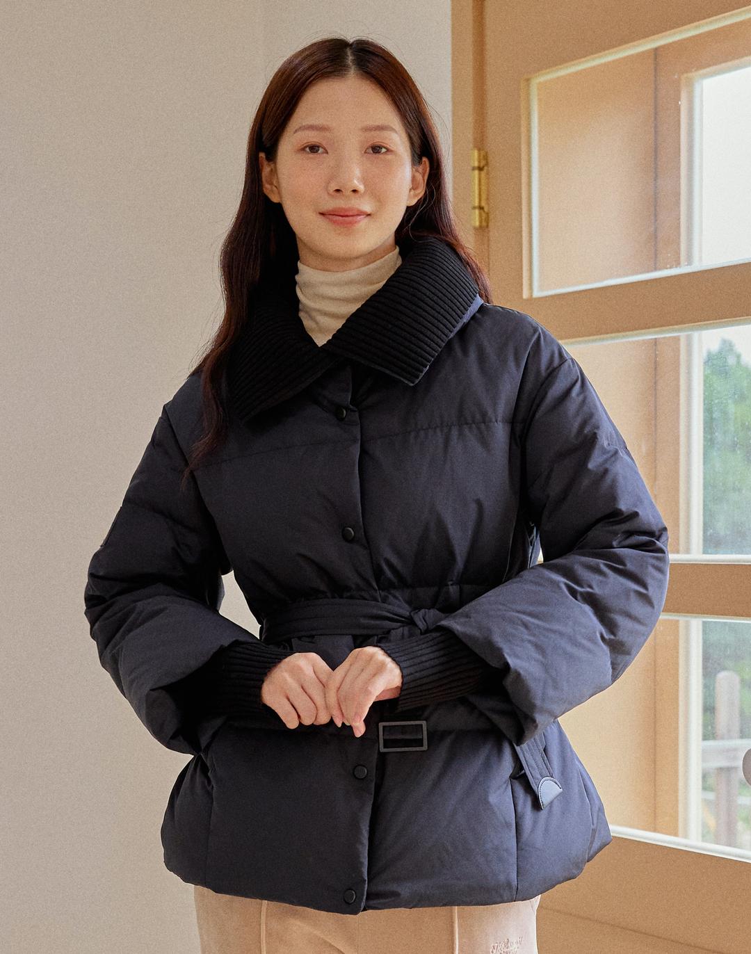 [SOF-WARM] 블랙 소프웜 니트포인트 허리벨트 여성 구스 미드다