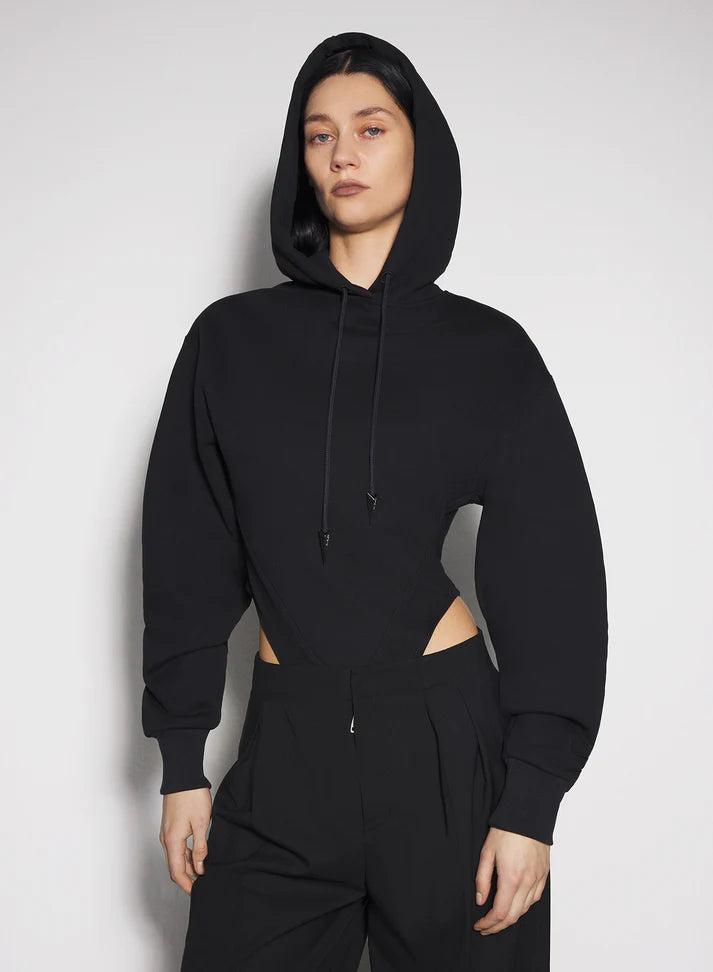 black fleece hoodie bodysuit - Black / S