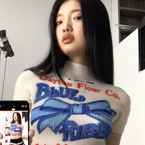 MOF Blue Big Ribbon Shirring T-shirt