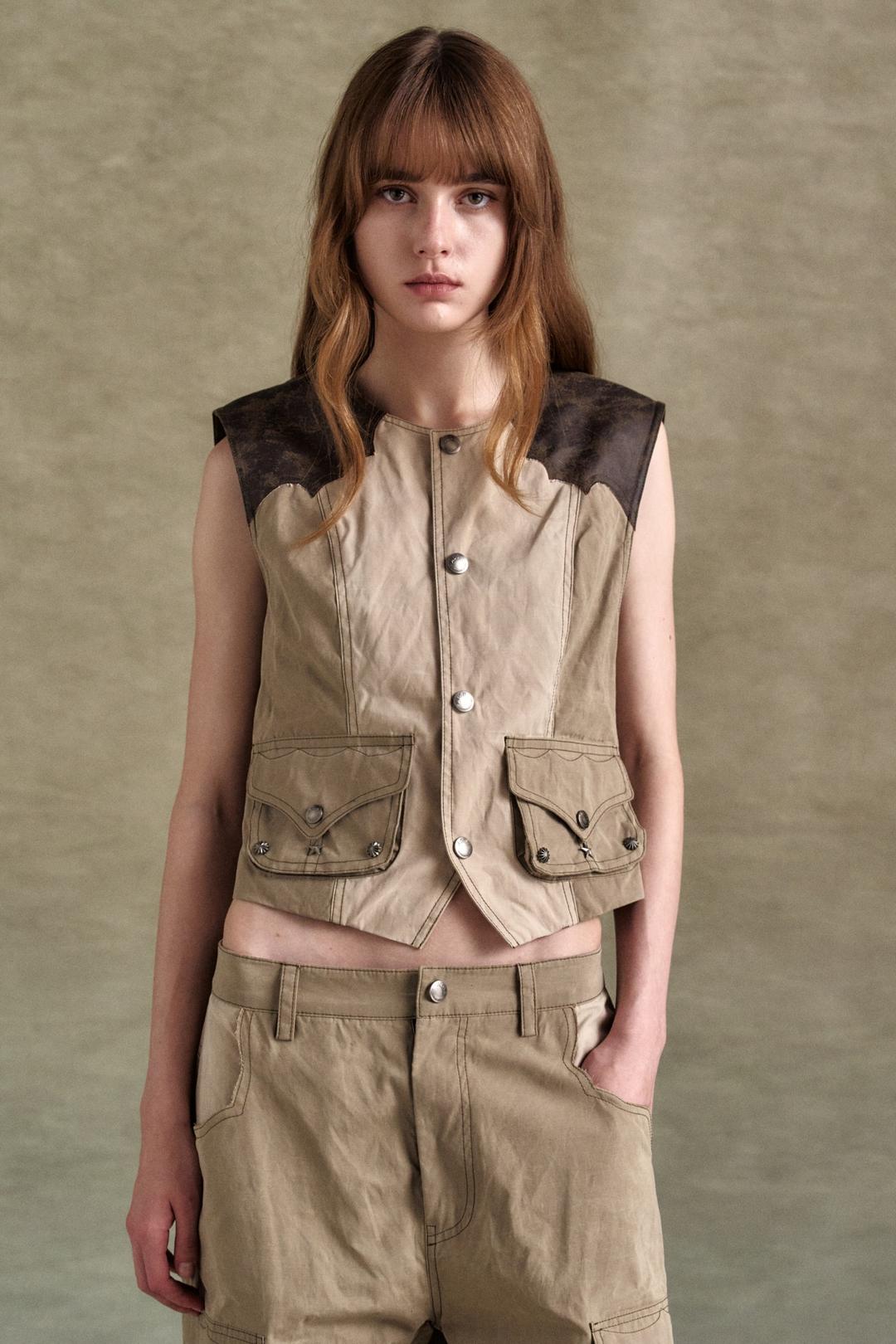 WAXED RAW-EDGE VEST awa704w(BROWN)