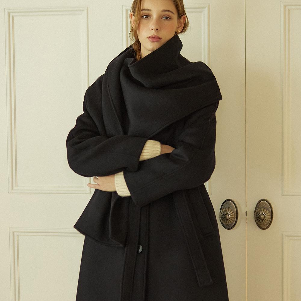 Muffler Belted Wool Long Coat - Navy