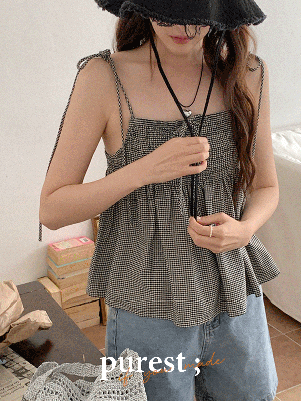 [Made] 코리 체크 리본 플레어 뷔스티에 나시 블라우스 - 2color