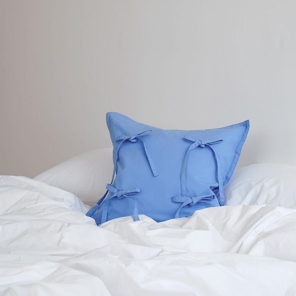 리본 코튼 쿠션커버 - 블루