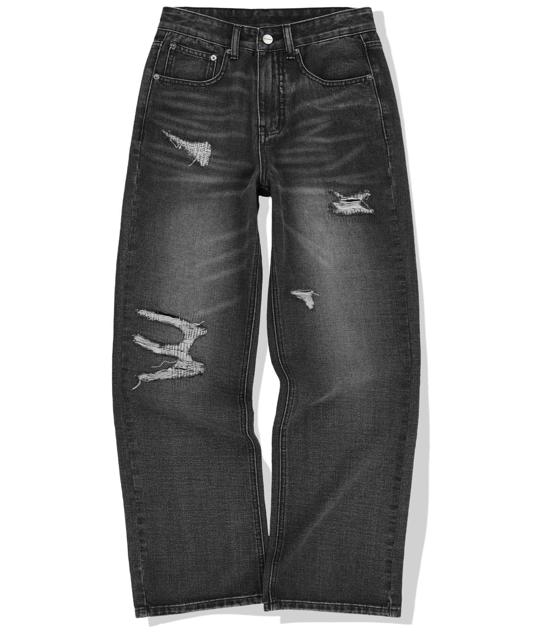 Destroyed Sand Washed Semi Flare Fit Denim Pants - Black